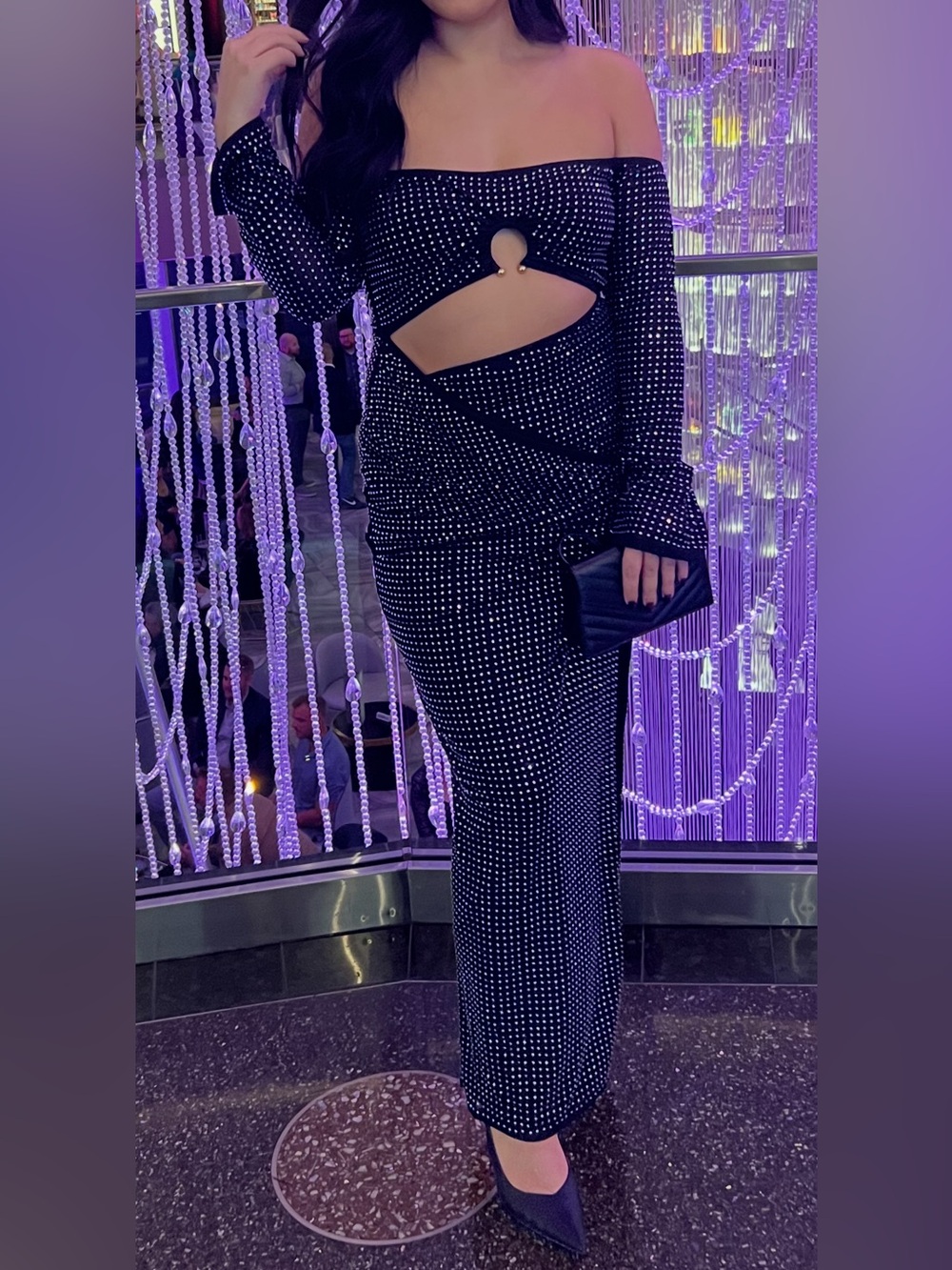 Black Rhinestone Cutout Maxi Dress